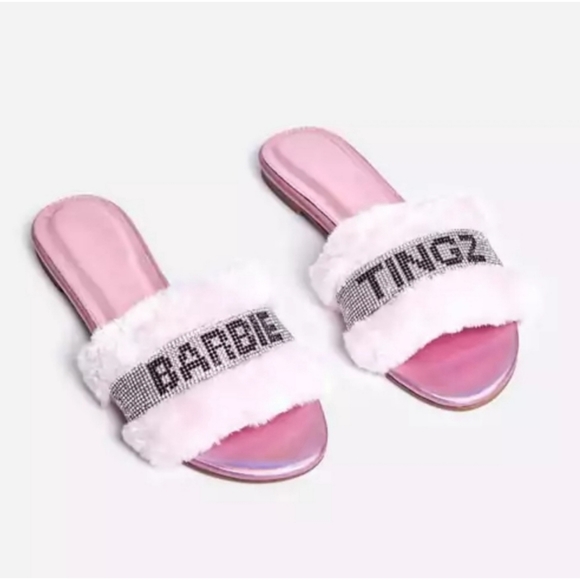💞Barbie Tingz Rhinestone And Fur Slides - Picture 2 of 4